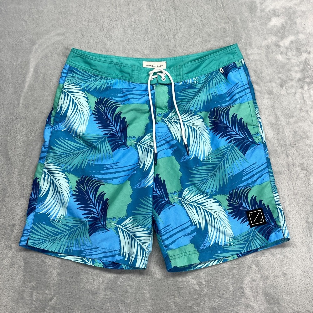 American‎ Eagle Shorts Mens L Green Blue Tropical Print Water Polo Board Surfing